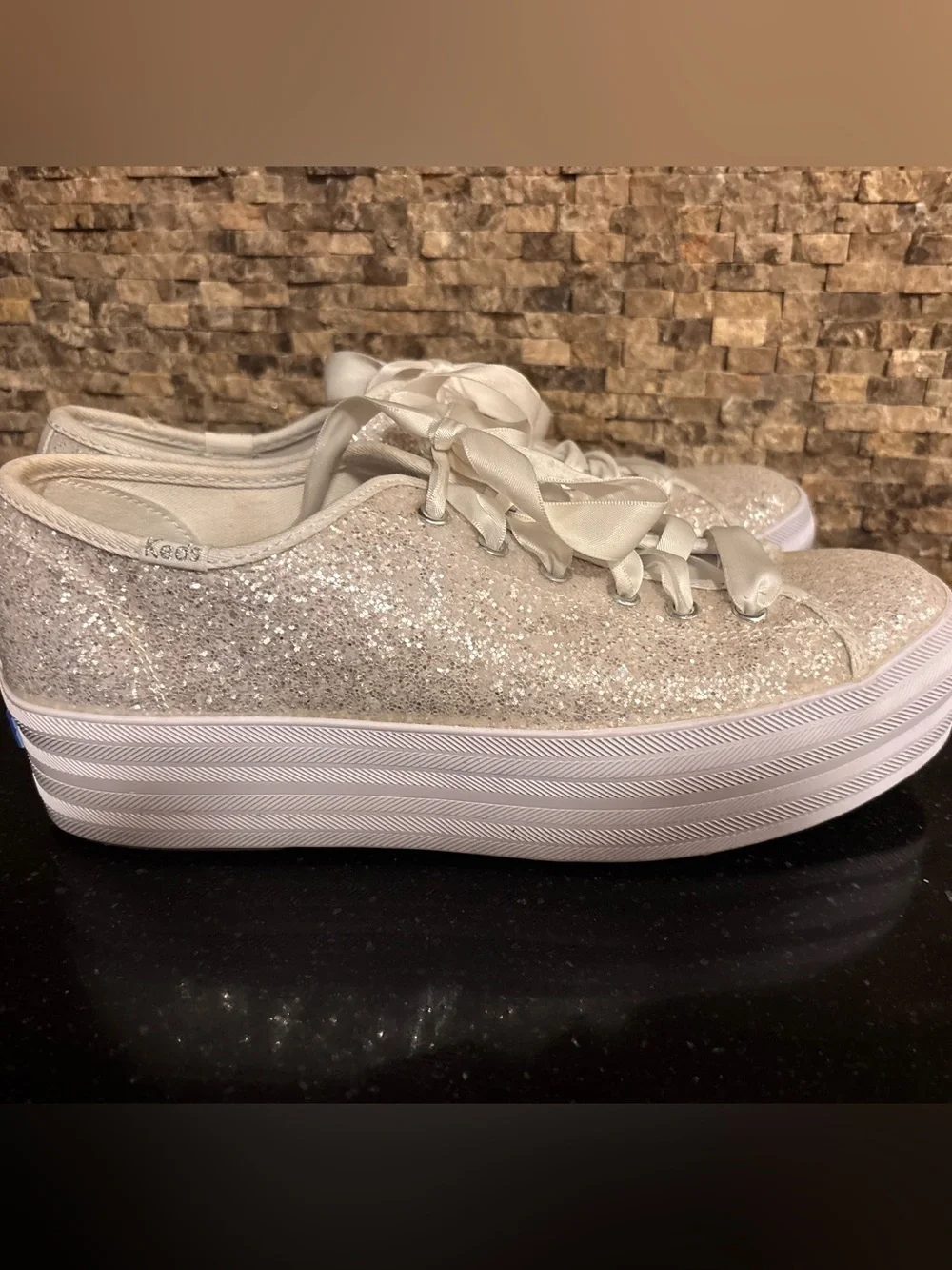kate spade / keds Glitter Platform Sneakers Ivory Sparkle - like new